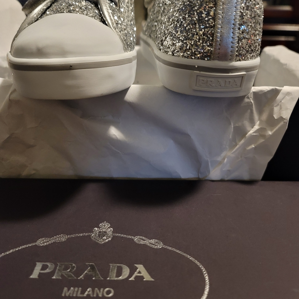 Prada silver glitter shoes women